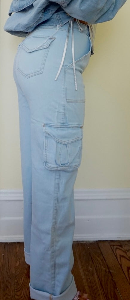 High rise light blue washed wide leg cargo jeans