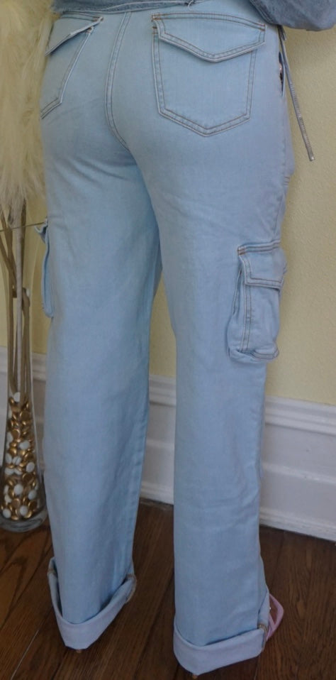 High rise light blue washed wide leg cargo jeans