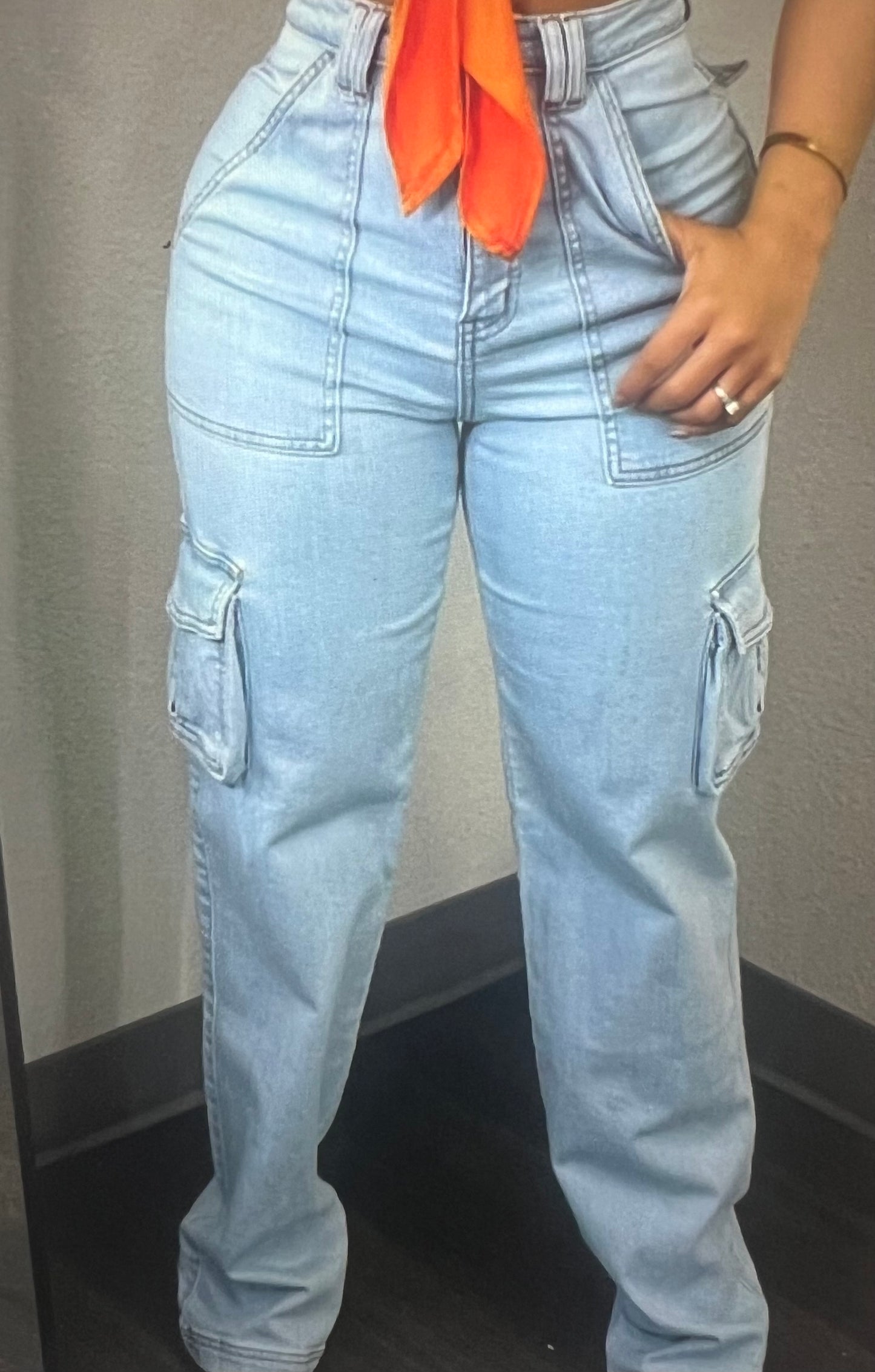 High rise light blue washed wide leg cargo jeans